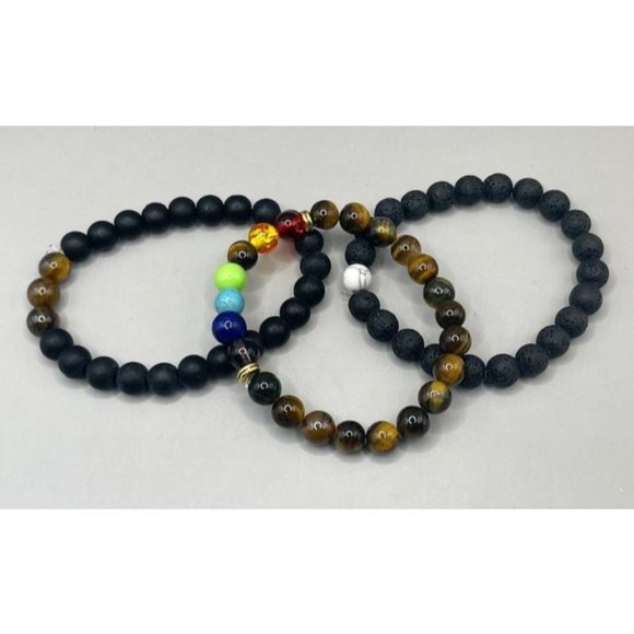 New 3 Pieces Black Lava Stone 7 Chakra Bracelets mix 8mm Rock Bead Elast… - Picture 2 of 2